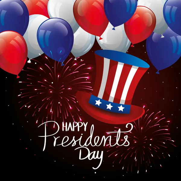 Happy presidents day with top hat and balloons helium — Stock Vector