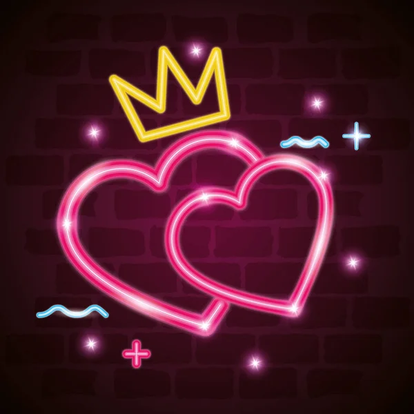 Cute hearts love with crown neon light — 图库矢量图片