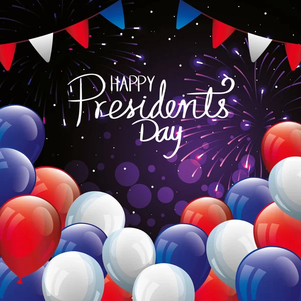 Happy presidents day with balloons helium and garlands hanging — 图库矢量图片