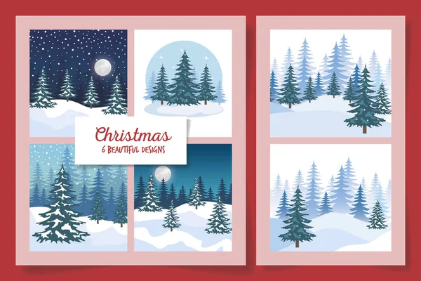 Six designs of christmas winter landscape — 图库矢量图片