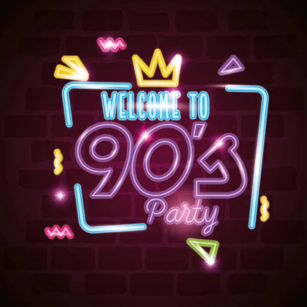 Label welcome to nineties party neon light — 图库矢量图片