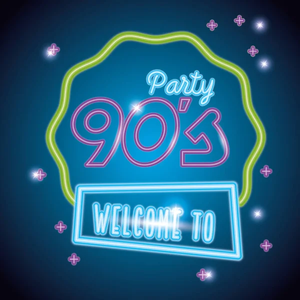 Címke Üdvözöljük a kilencvenes évek party neon light — Stock Vector