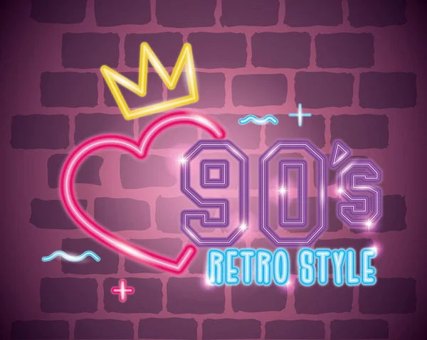 Label nineties retro style neon light with crown and heart — Stock Vector