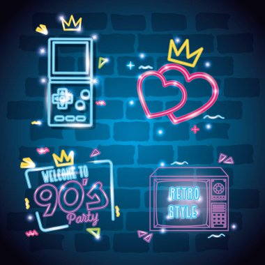 set of labels retro style neon light