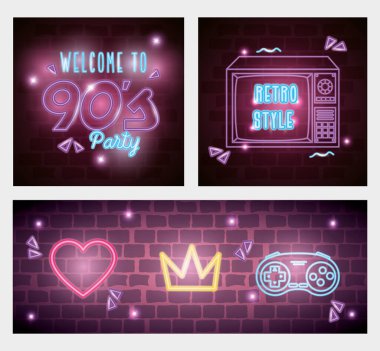 set of labels retro style neon light