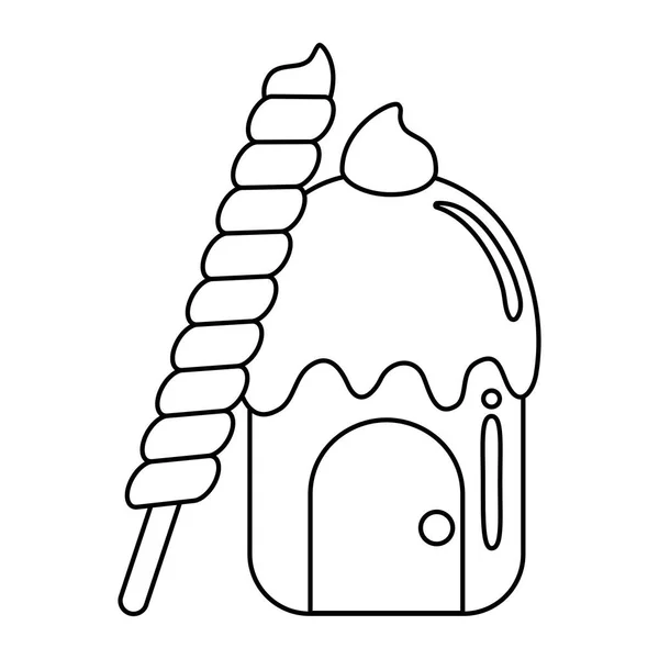 Babeczkowy dom ze spiralą cukierków w odizolowanej ikonie kija — Wektor stockowy