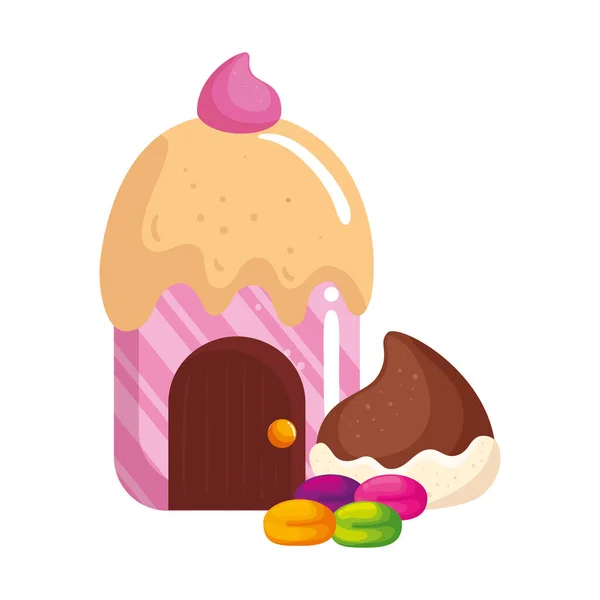 Casa cupcake con cioccolato scaglie e caramelle — Vettoriale Stock