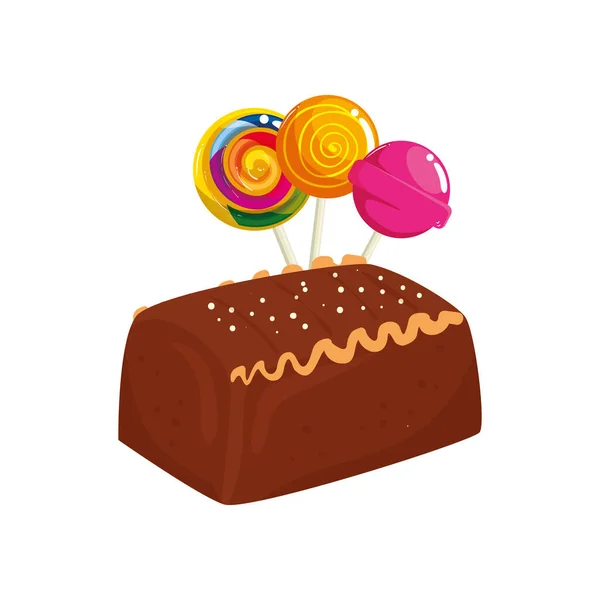 Delicious cake chocolate with lollipops isolated icon — 스톡 벡터