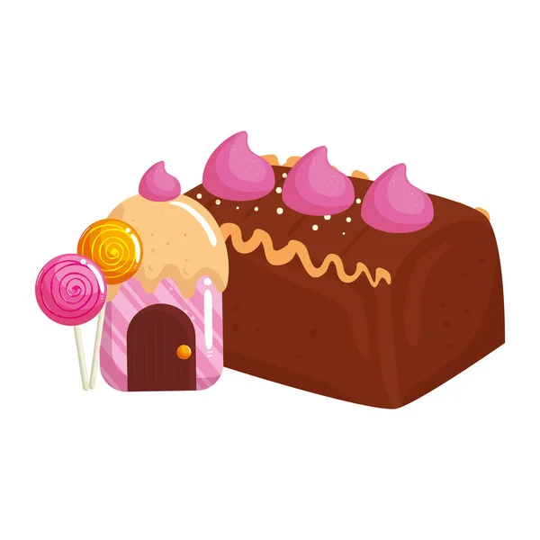 Cupcake dům lahodný s lízátkem a čokoládou — Stockový vektor