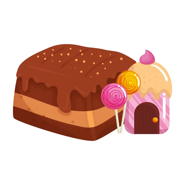 Cupcake house delicious with lollipops and brownie — 스톡 벡터