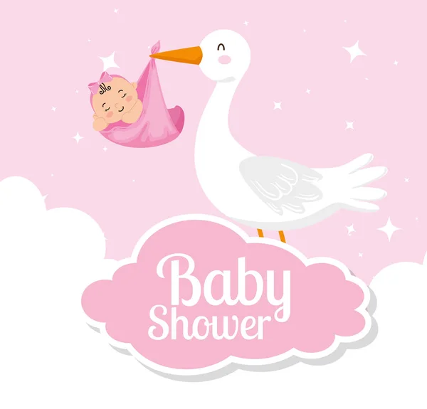 Baby shower card z uroczym bocianem i dekoracji — Wektor stockowy