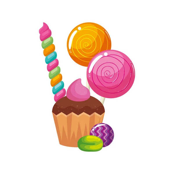 Delicious cupcake with candies isolated icon — Stock Vector