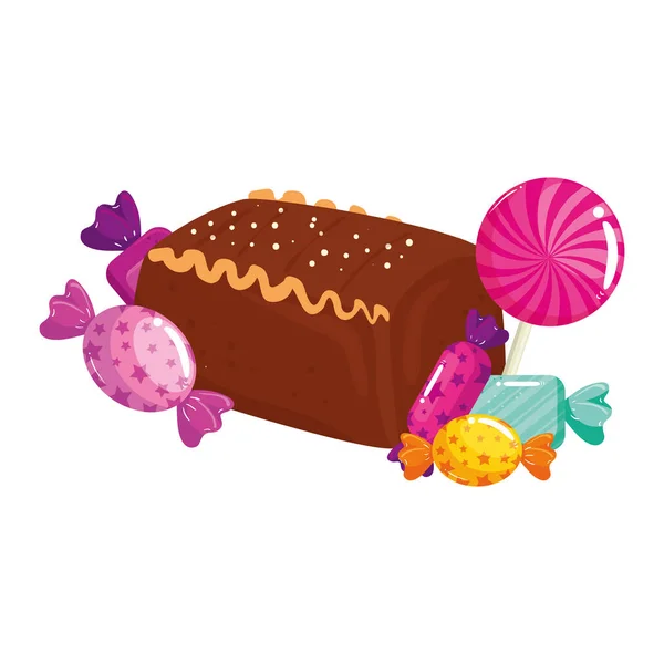 Leckere Kuchen Schokolade mit Bonbons isoliert Symbol — Stockvektor
