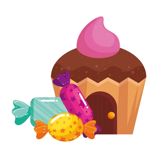 Cupcake dům lahodný s bonbóny — Stockový vektor