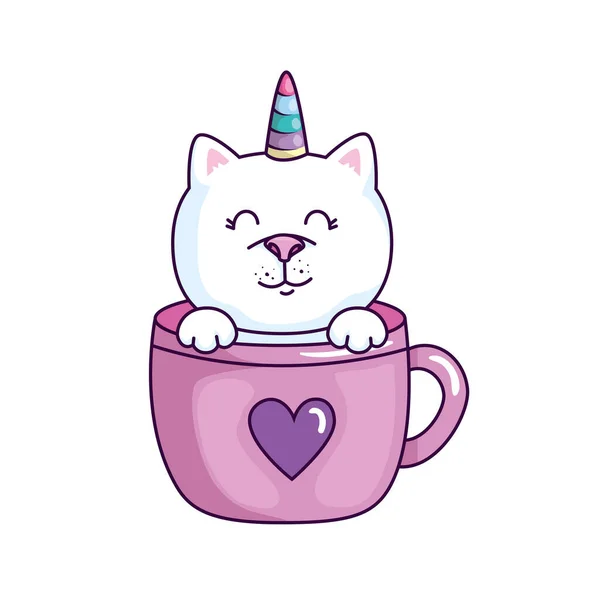 Cute cat unicorn fantasy in cup icon — 스톡 벡터