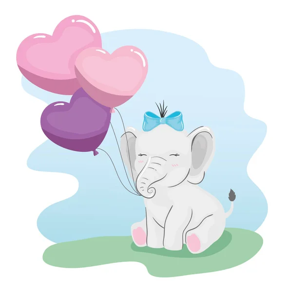 Cute elephant with balloons helium in shape heart — 图库矢量图片