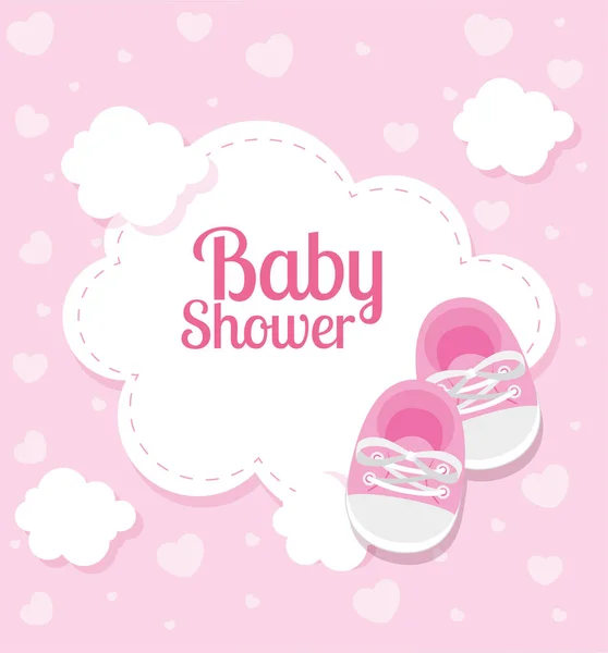 Carte de douche bébé avec chaussures et nuages — Image vectorielle