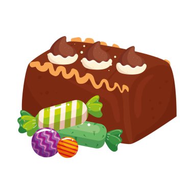delicious cake chocolate with candies isolated icon