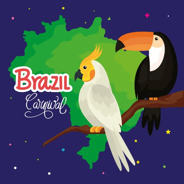 Plakat karnawałowy brazylijski z papugą i tukanem — Wektor stockowy