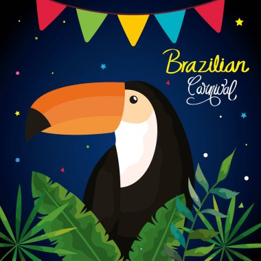 poster of carnival brazilian with toucan and tropical leafs