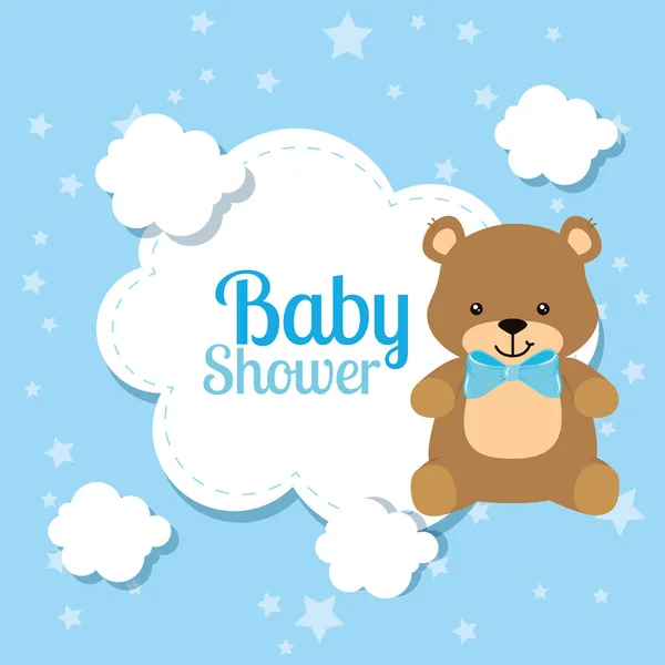 Carte de douche bébé avec ours mignon et nuages — Image vectorielle
