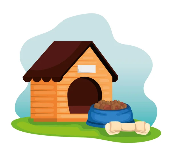 Casa de perro de madera con plato de comida y hueso — Vector de stock
