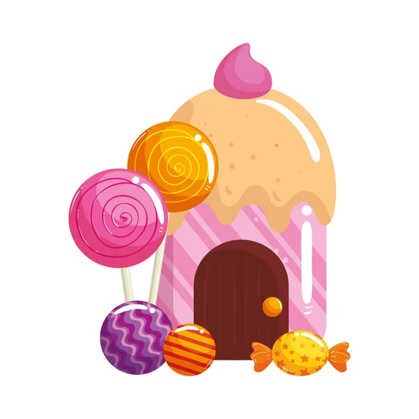 Cupcake casa deliziosa con caramelle icona isolata — Vettoriale Stock