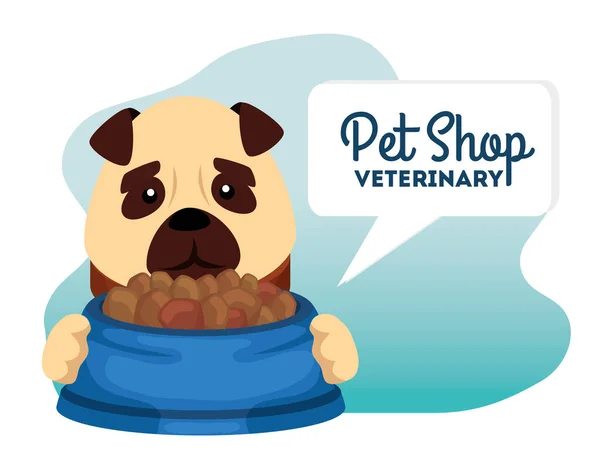 Animalerie vétérinaire avec petit chien et plat de nourriture — Image vectorielle