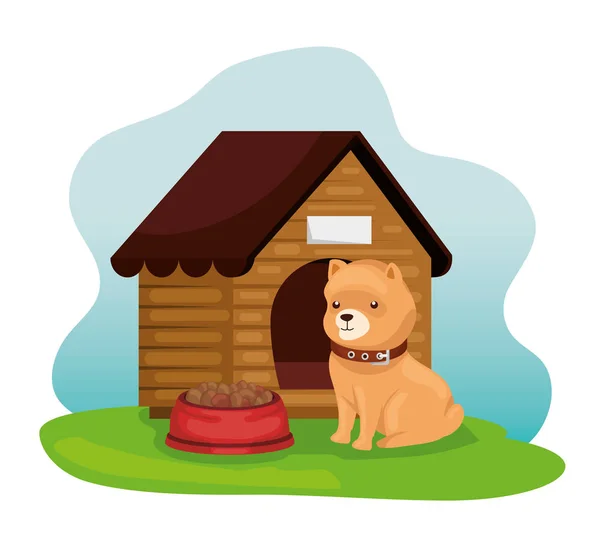 Perro pequeño con casa de madera y comida de plato — Vector de stock