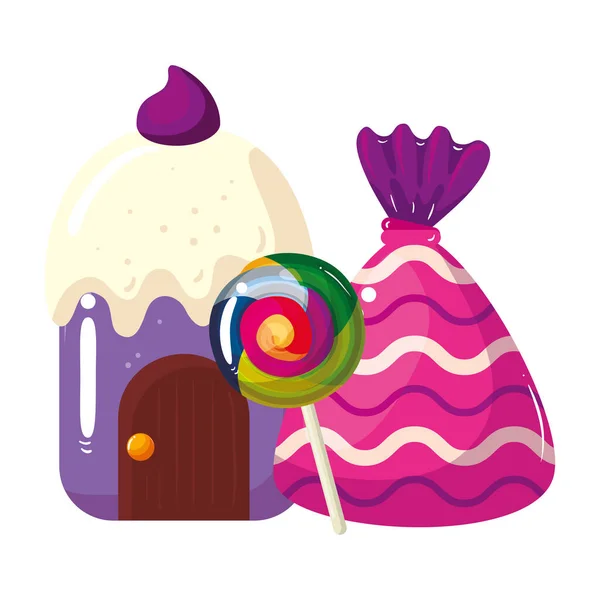 Cupcake casa deliziosa con lecca lecca e caramelle — Vettoriale Stock