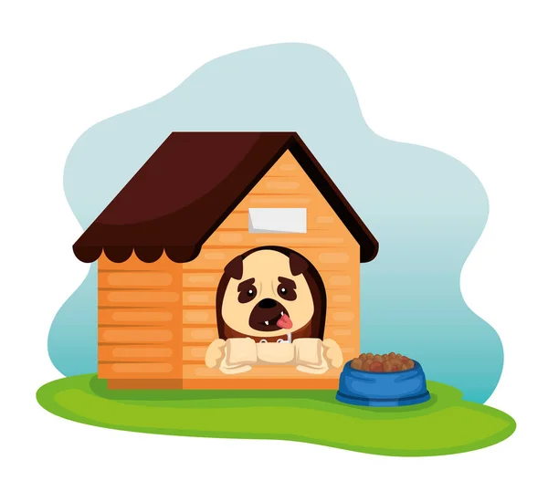 Perro pequeño con casa de madera y comida de plato — Vector de stock