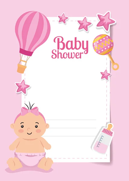 Baby shower z cute little girl i dekoracji — Wektor stockowy