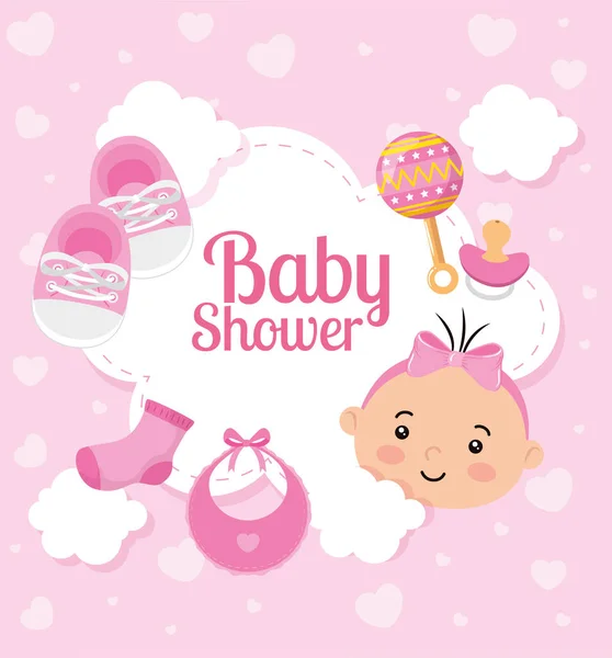 Baby-Duschkarte mit niedlichem kleinen Mädchen und Dekoration — Stockvektor