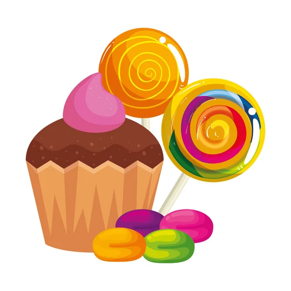 Délicieux cupcake aux bonbons icône isolée — Image vectorielle