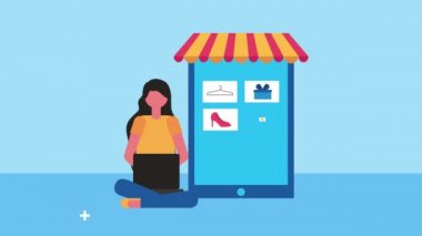 Tablet ve ekommerce simgelerine sahip genç bir kadın