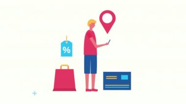 Ekommerce simgeleri olan genç adam