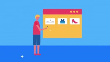 Web sayfası şablonu ve ekommerce simgelerine sahip genç adam