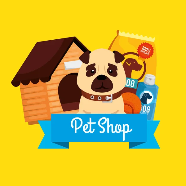 Tienda de mascotas con perro pequeño e iconos — Archivo Imágenes Vectoriales