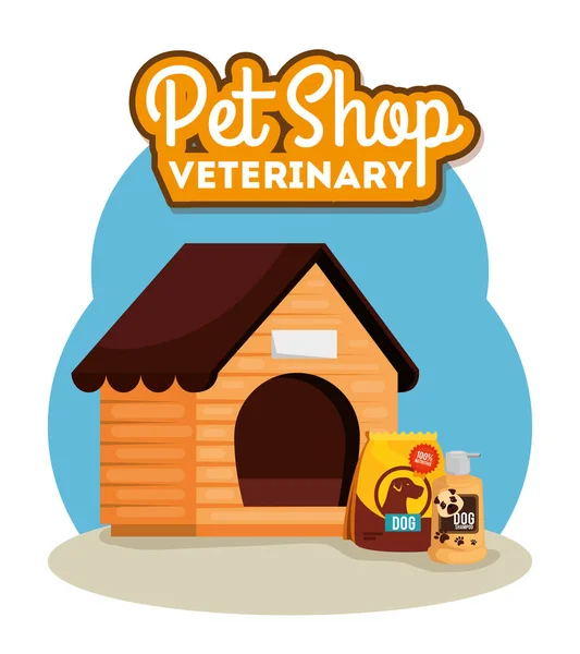 Sklep zoologiczny weterynaryjny z domkiem dla psów i ikonami — Wektor stockowy