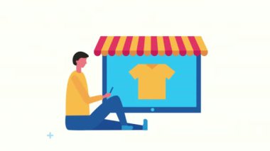 Tabletli ve ekommerce simgeli genç adam