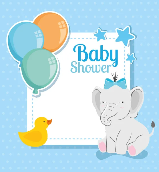 Tarjeta de ducha de bebé con elefante lindo y decoración — Vector de stock