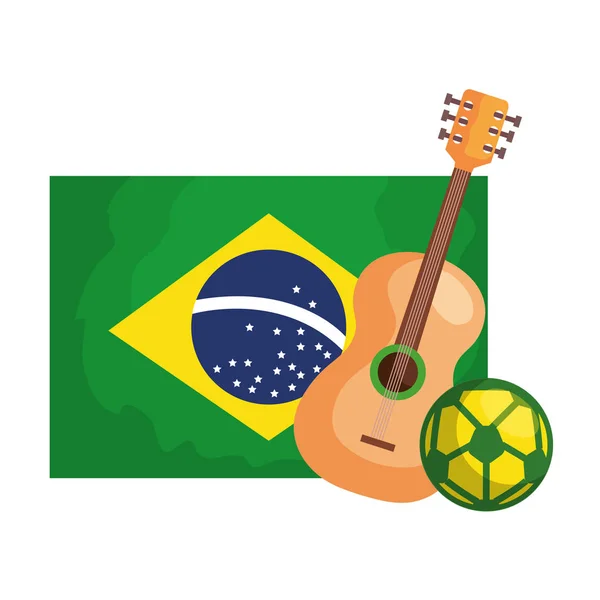 Guitarra e bola de futebol com bandeira brasil ícone isolado — Vetor de Stock