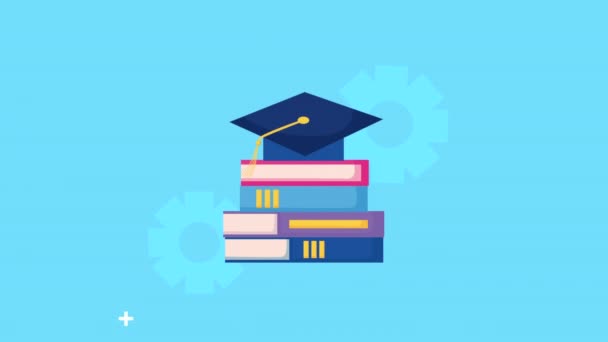 Libros con animación sombrero de graduación — Vídeo de stock
