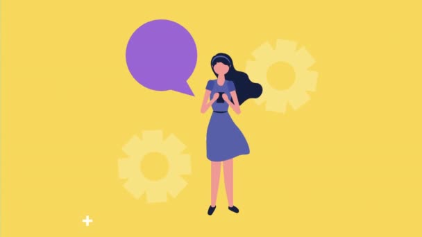 Young woman with speech bubble social media icons — Stock Video