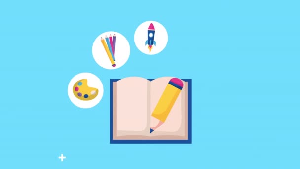 Zpět do školy s knihou a sadou ikon — Stock video