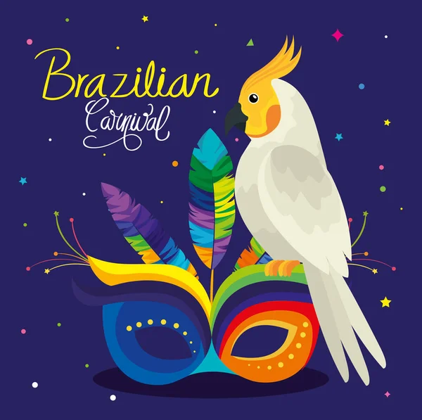 Plakat karnawałowy brazylijski z papugą i maską — Wektor stockowy