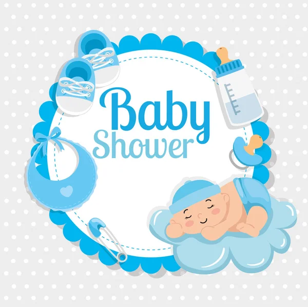 Baby-Duschkarte mit niedlichem kleinen Jungen und Dekoration — Stockvektor