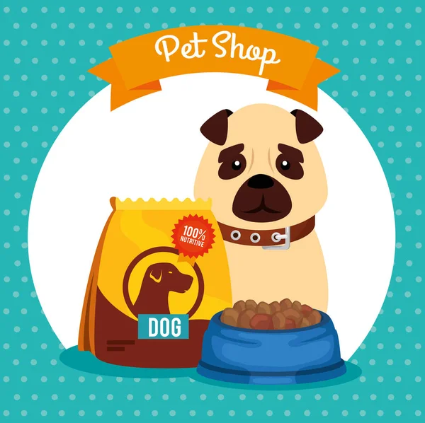 Pet shop veterinary with little dog with dish food — 스톡 벡터