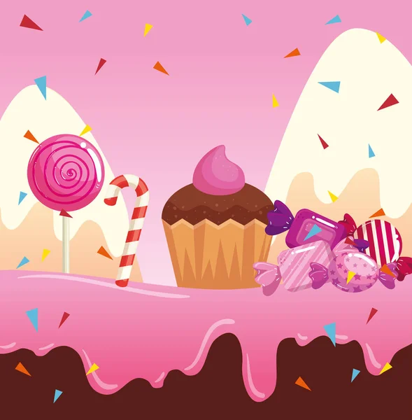 Candy land with cupcake and caramels — 스톡 벡터