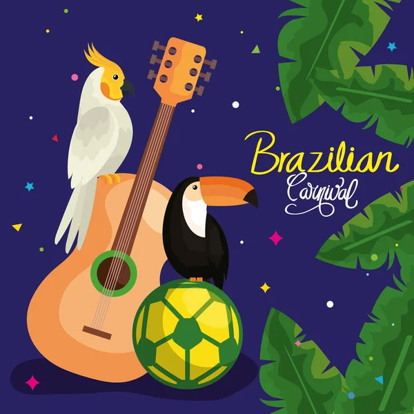 Plakat karnawałowy brazylijski z papugą i tradycyjnymi ikonami — Wektor stockowy